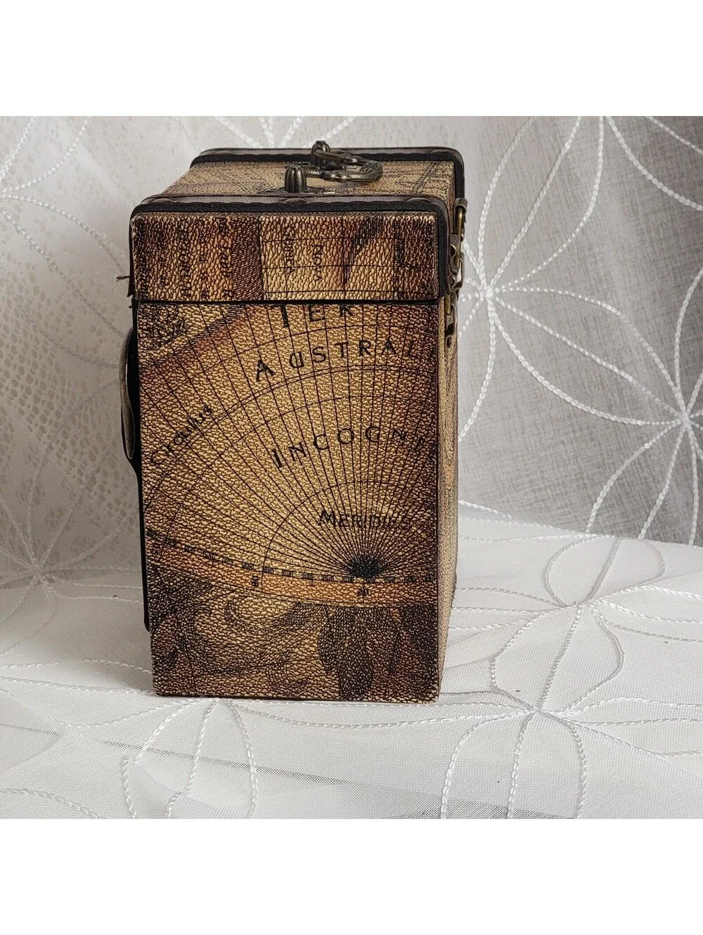 Vintage Wooden Box with Quartz Clock Leather Straps Rustic Colonial World Map